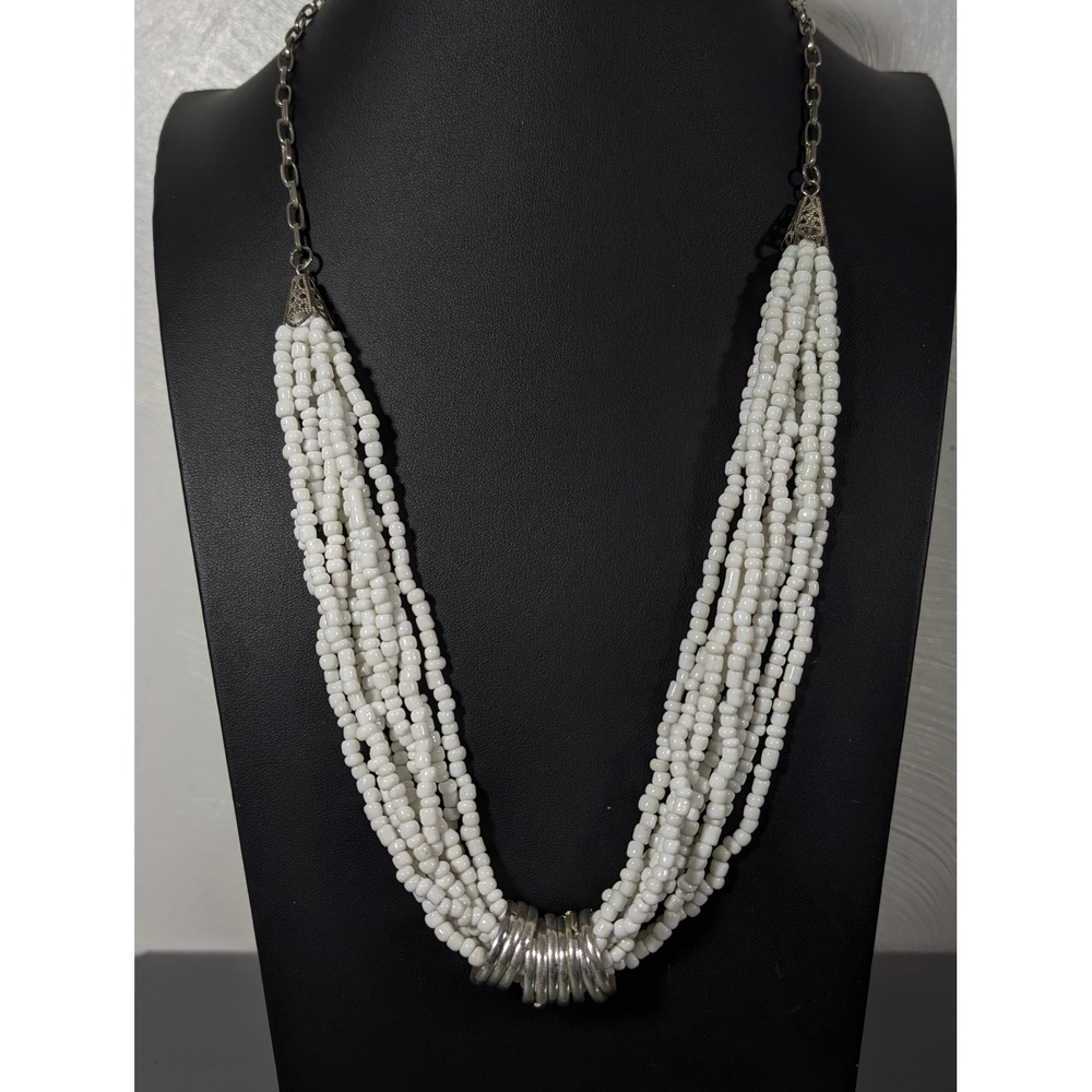 White Glass Seed Bead Multi Strand Necklace‎ Silver Tone Ring Accents 30"
